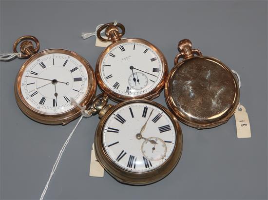 A Victorian silver gilt pair-cased pocket watch by Musson of Louth and three assorted gold-plated pocket watches.